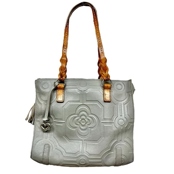 Brighton Lite Gray + Brown Floral Leather Handbag Purse Tote Bag F058606 RARE - Picture 1 of 16